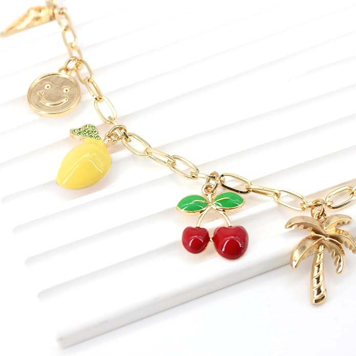 Gold Plated Paperclip Chain Beach Charm Necklace for Women Cute Shell Bow Dainty Beachy Starfish Pearl Seashell Strawberry Fruit Heart Mermaid Summer Jewelry Gift