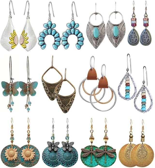 Hefanny 12 Pairs Teardrop Druse Crystal Drop Dangle Earrings for Women Cubic Zirconia Huggie Hoop Earring Jewelry Set Christmas Gifts