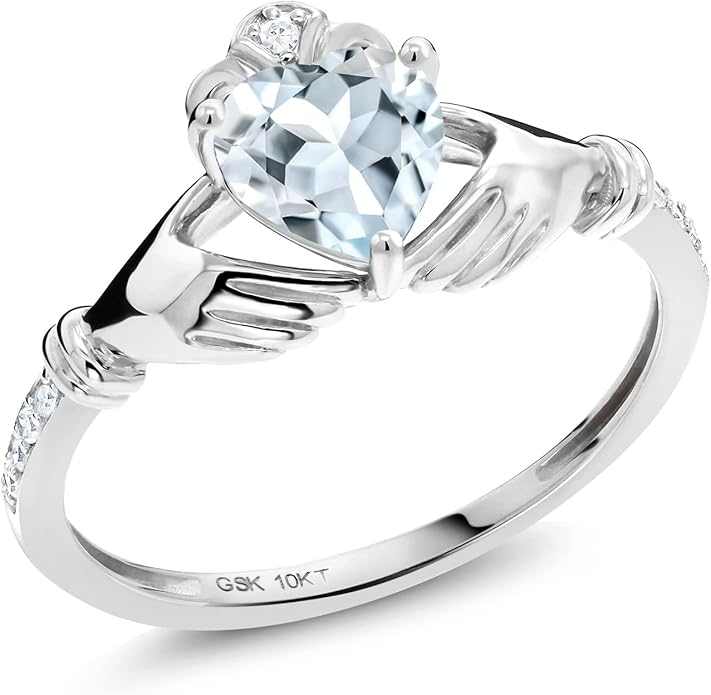 Gem Stone King 10K White Gold 6MM Heart Shape Gemstone Birthstone and White Diamond Irish Celtic Claddagh Engagement Ring | Gold Ring For Women | Available In Size 5, 6, 7, 8, 9