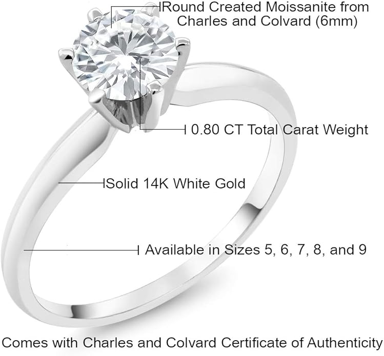 Gem Stone King 14K White Gold Moissanite Solitaire Engagement Ring For Women | 0.80 Cttw | Round 6MM | Gold Ring For Women | Available In Size 5,6,7,8,9