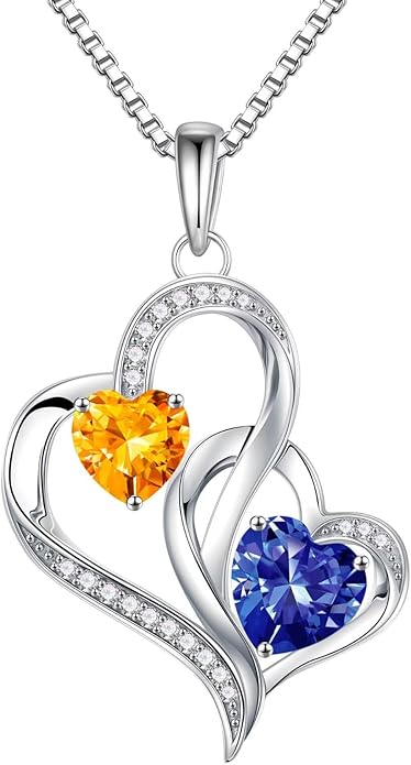 Iefil Birthstone Necklace for Women - 925 Sterling Silver Double Birthstone Heart Necklace | Anniversary Birthday Gifts for Women | Personalized Gifts | Jewelry Gifts for Wife Mom Girlfriend