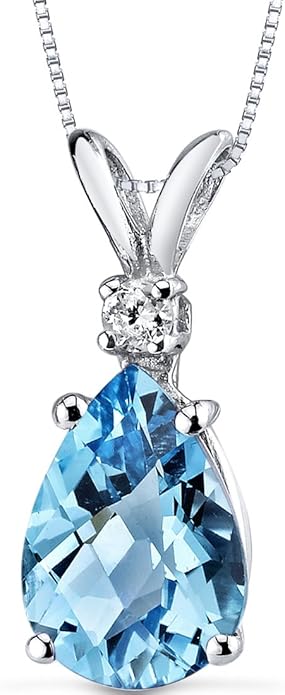 PEORA 14K White Gold Swiss Blue Topaz with Diamond Pendant for Women, Natural Gemstone Teardrop Solitaire, 2.30 Carats total Pear Shape 10x7mm, Blue Gemstone Necklace,