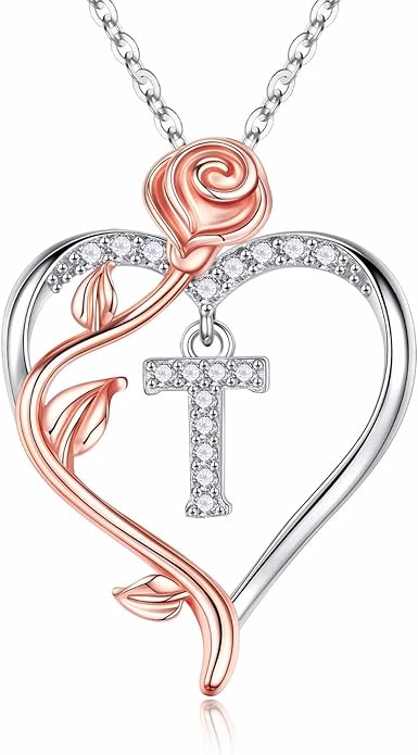 Iefil Rose Heart Necklaces Gifts for Women - 925 Sterling Silver Rose Heart Initial Necklace, Anniversary Birthday Gifts for Women, Jewelry Gift for Her Wife Girlfriend Mom Daughter