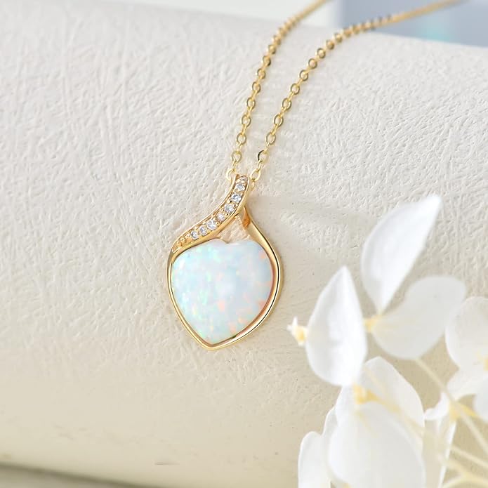 YDD 14k Solid Gold White Opal Necklace for Women Heart Shape Opal with Genuine Diamond Pendant Necklace Heart Necklace Opal Jewelry Diamond Jewelry Gifts 16"-18"