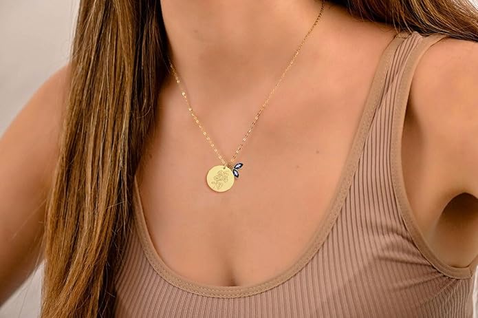 14k Gold Plated Birth Month Flower Birthstone Pendant Necklace, Floral Charm Necklace for Women Birthday Gift