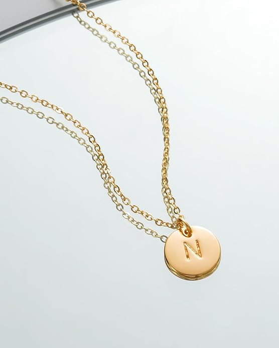 Bemoly Initial Necklace for Women Round 11MM Coin Disc Double Side Engraved Letter A-Z Hammered Pendant 14K Gold Plated Personalized Alphabet Birthday Jewelry 17.5"