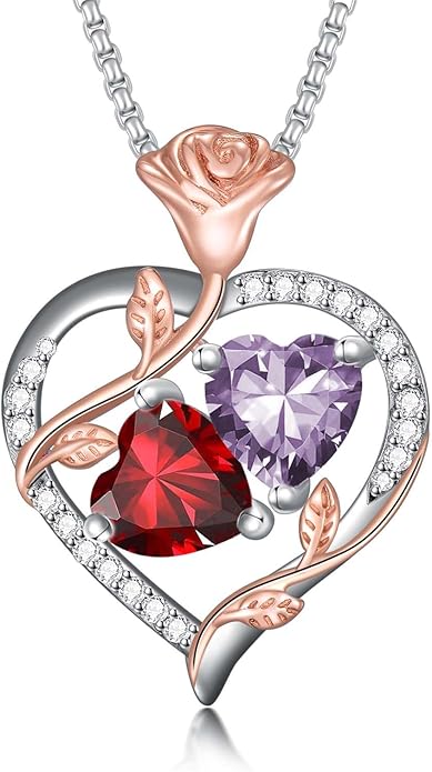 Jewelry for Her Double Heart Rose Birthstone Pendant Necklace Anniversary Jewelry Christmas Birthday Gifts for Women Wife Girlfriend