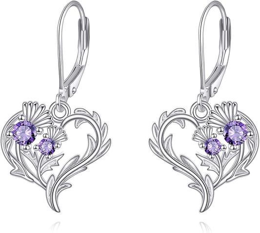 Scottish Thistle/Sunflower/Violet/Daffodil/Orchid Earrings Sterling Silver Flower Dangle Dangling Drop Boho Earrings Jewelry Gifts for Women