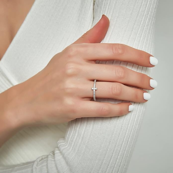 EAMTI 2mm 925 Sterling Silver Wedding Band Cubic Zirconia Half Eternity Stackable Engagement Ring Size 3-13