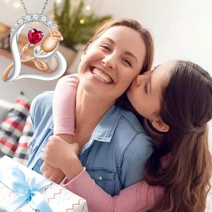 Rose Flower Heart Birthstone Necklaces for Women, 925 Sterling Silver Anniversary Jewelry, Pendant Heart Necklaces Birthday Anniversary Christmas Gift for Women Wife Mom Girlfriend Lady