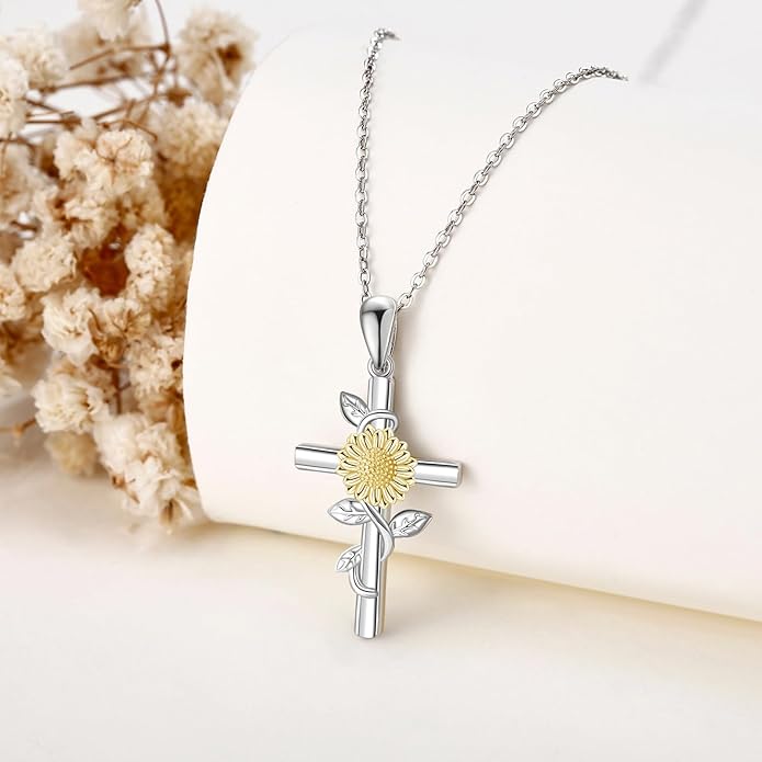 Flower Cross Necklace 925 Sterling Silver Carnation/Rose/Lily/Daisy Cross Necklace Birth Flower Jewelry for Women