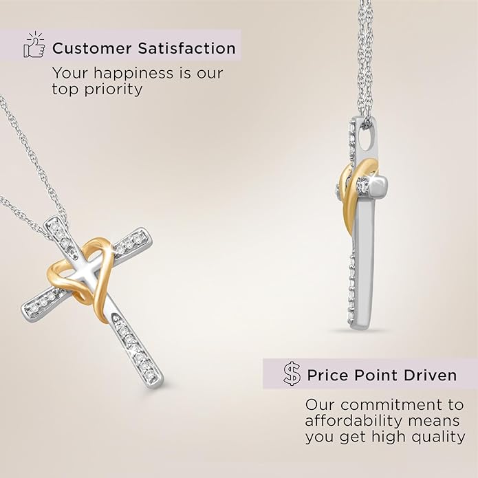 Jewelili Cross Heart Necklace Pendant in Yellow Gold or Rose Gold over Sterling Silver with 1/10 CTTW Natural White Round Diamonds and 18 inch Rope Chain