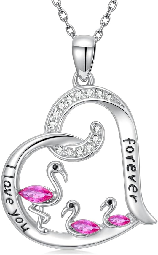 JUSTKIDSTOY Flamingo Necklace 925 Sterling Silver Animal Pendant with Cubic Zirconia Flamingo Bird Necklace Gifts for Women Wife Girlfriend