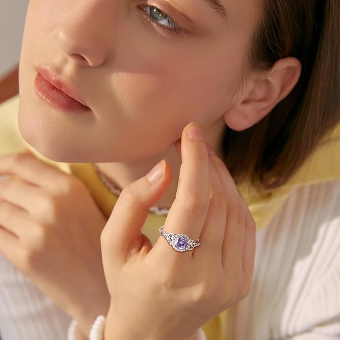 DAYBYDAY Celtic Birthstone Rings for Women 925 Sterling Silver Heart/Round/Pear/Oval Created Gemstone Moissanite Halo Engagement Promise Rings for Her Wife Birthday Anniversary Wedding Jewelry