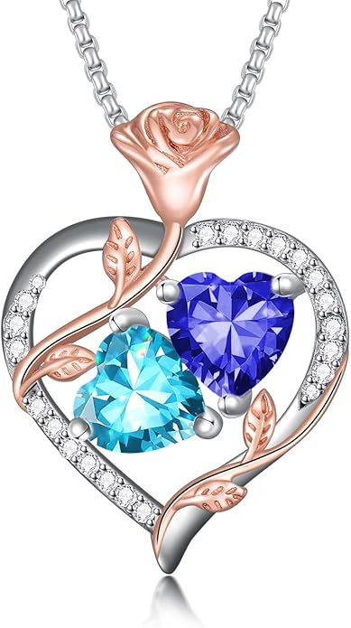 Jewelry for Her Double Heart Rose Birthstone Pendant Necklace Anniversary Jewelry Christmas Birthday Gifts for Women Wife Girlfriend