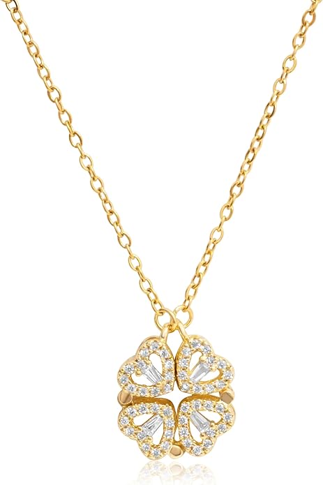 18K Gold Stainless Steel Gold Plated Necklace with Clove Hearts Charm - Can Be Worn Two Ways (Elegant A)