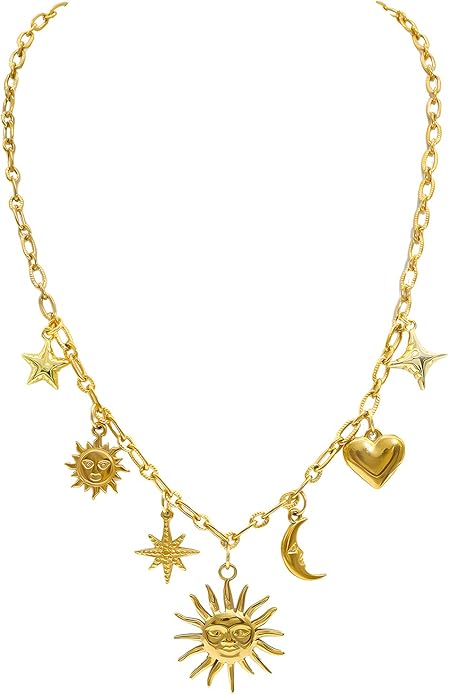 Chunky Retro Heart Necklace for Women Antique Layer Beach Ocean Moon Stars Western Boho Charm Necklaces Retro Link Chain Jewelry