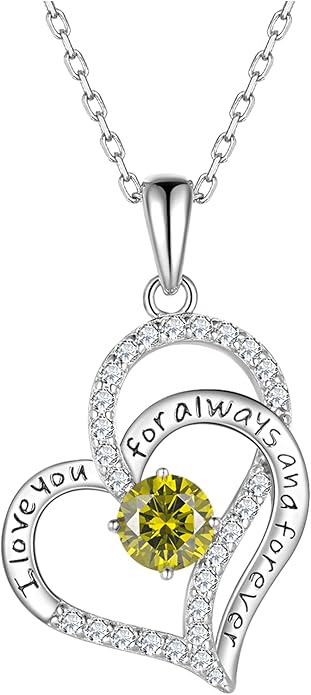 Heart Birthstone Silver Necklace for Women, S925 Sterling Silver Pendant Necklace Birthday Jewelry Gifts for Her Mother Mom Wife Girlfriend