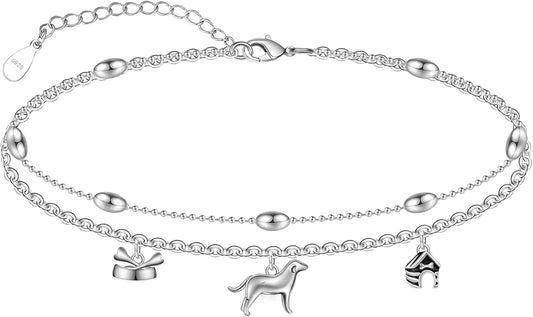 CHIC & ARTSY Womens Sterling Silver Created Opal Layered Anklet Bracelet Dainty Beaded Chain Adjustable 11" Best Friend Anklet