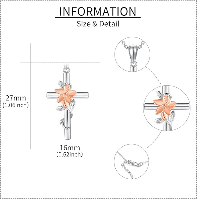 Flower Cross Necklace 925 Sterling Silver Carnation/Rose/Lily/Daisy Cross Necklace Birth Flower Jewelry for Women