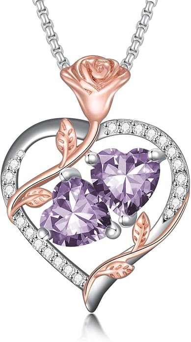 Jewelry for Her Double Heart Rose Birthstone Pendant Necklace Anniversary Jewelry Christmas Birthday Gifts for Women Wife Girlfriend