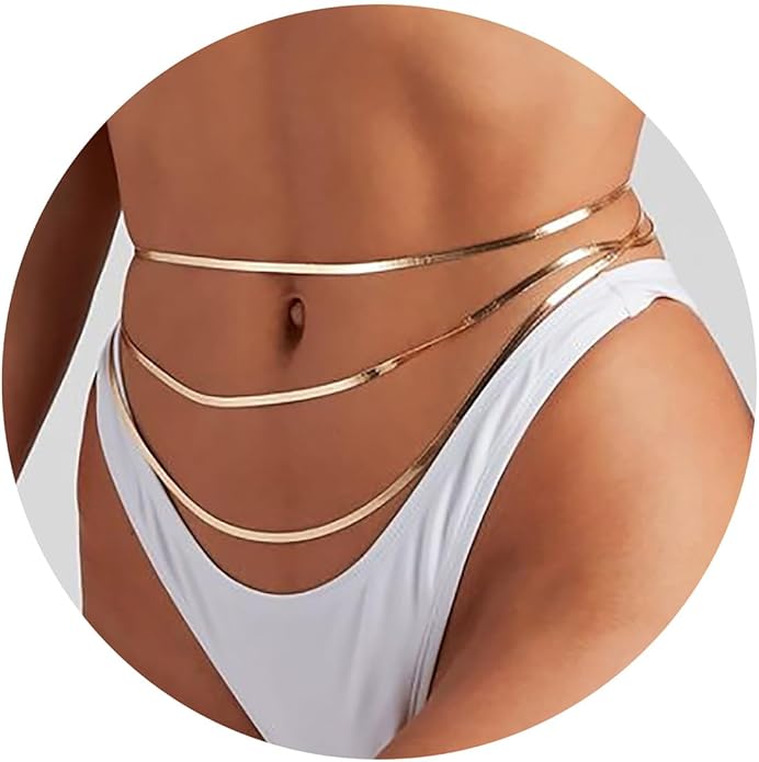 Turandoss 1-3PCS 18K Gold Plated Waist Chains for Women - Gold Layered Belly Body Chain for The Waist Adjustable Multilayer Sexy Bikini Waist Chain for Women Dainty Beach Waist Jewelry for Women