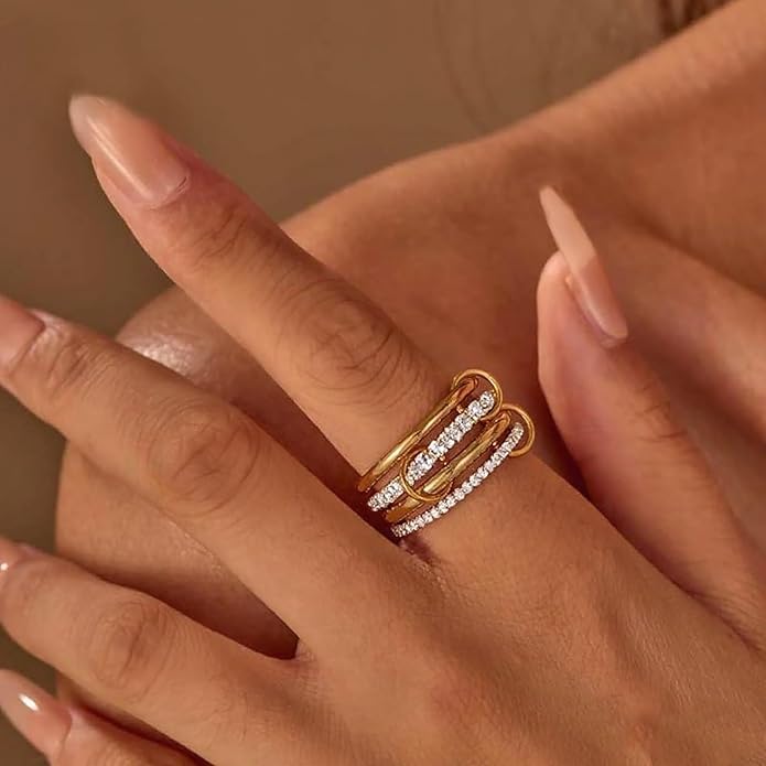 14K Gold Plated Interlocked Stackable Rings for Women Non Tarnish,Gold and Silver Cubic Zirconia Statement Rings Set,Mixed Metals Ring Two-Toned Connected Bands Stacking Jewelry