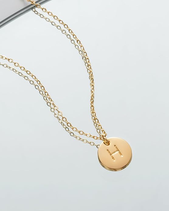 Bemoly Initial Necklace for Women Round 11MM Coin Disc Double Side Engraved Letter A-Z Hammered Pendant 14K Gold Plated Personalized Alphabet Birthday Jewelry 17.5"