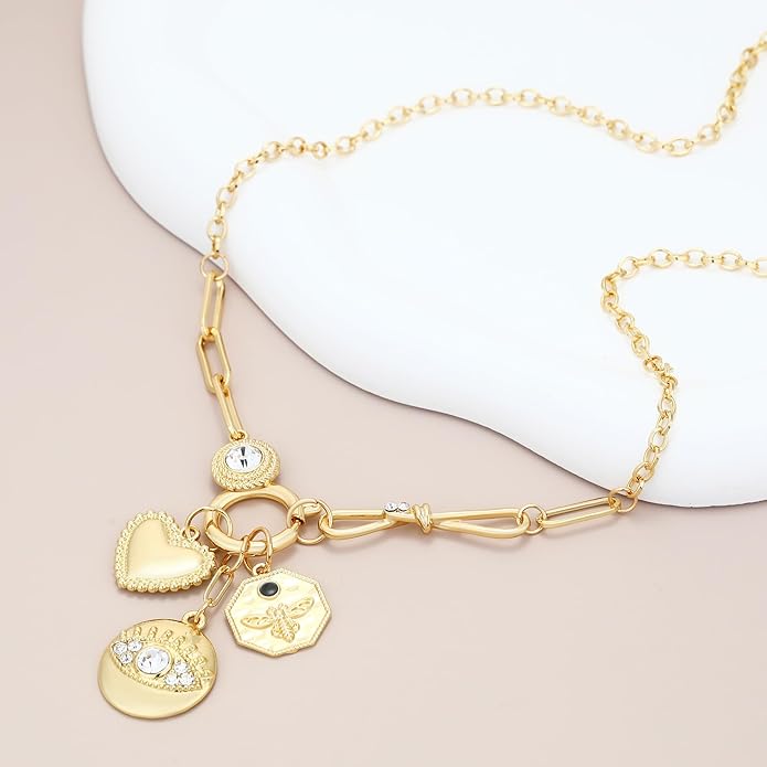 Charm Necklace for Women Gold Evil Eye Sun Moon Flower Coin Pendant Necklace Dainty Paperclip Chain Vintage Luck Amulet Choker Necklaces Celestial Jewelry Gift