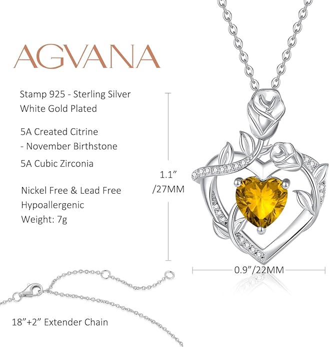 AGVANA Rose Birthstone Necklace for Women Sterling Silver Rose Flower Heart Necklace Fine Jewelry Anniversary Birthday Gifts for Women Wife Mom Her, Length: 18"+2"