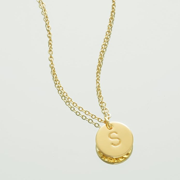 Bemoly Initial Necklace for Women Round 11MM Coin Disc Double Side Engraved Letter A-Z Hammered Pendant 14K Gold Plated Personalized Alphabet Birthday Jewelry 17.5"