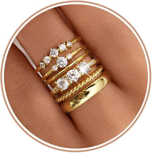 Besteel Gold Rings for Women - Non Tarnish 14K Gold Plated Stackable Rings, Dainty Cubic Zirconia Thin Thumb Ring Set, Trendy Statement Promise Wedding Bands Engagement Rings for Women Size 6-10