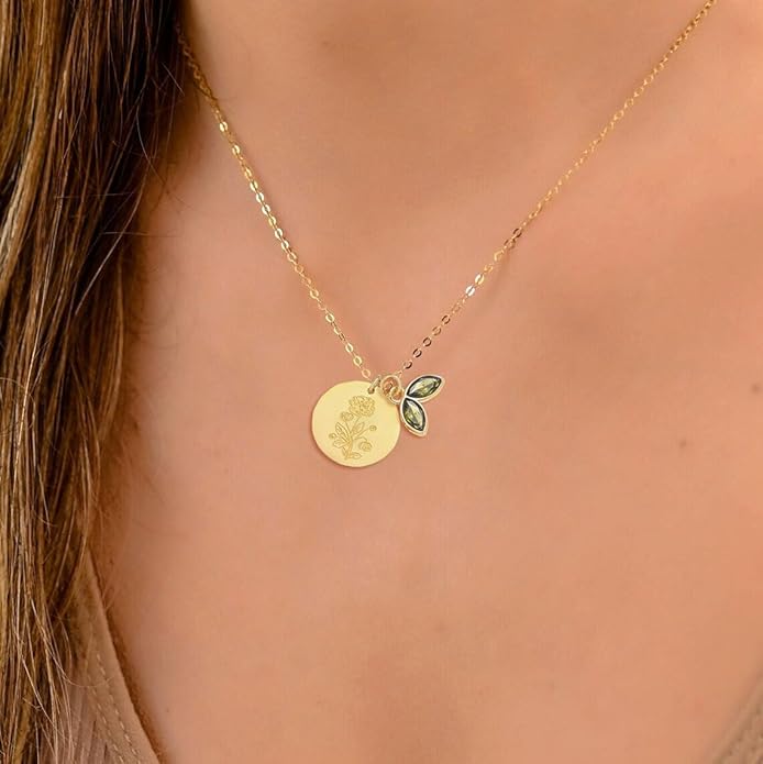 14k Gold Plated Birth Month Flower Birthstone Pendant Necklace, Floral Charm Necklace for Women Birthday Gift