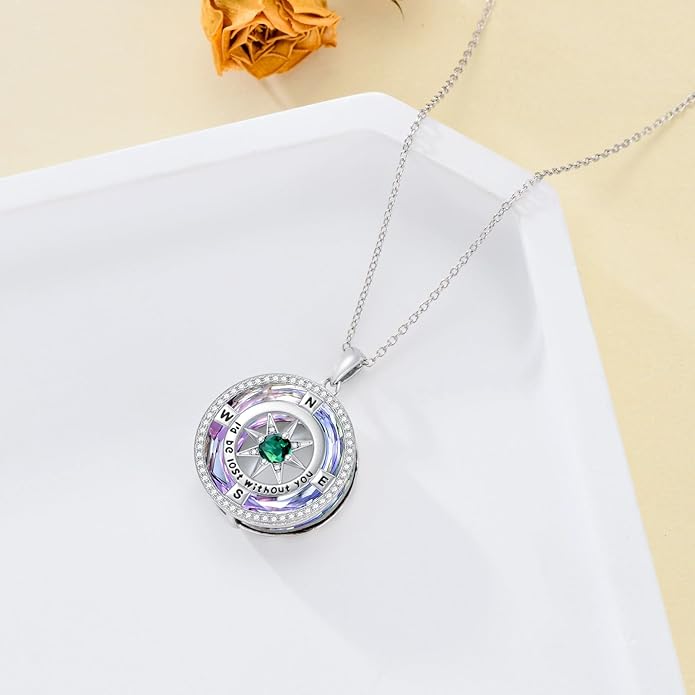 TOUPOP Compass Necklace for Women 925 Sterling Silver I'd be Lost without You Compass Pendant Birthstone Necklaces Anniversary Jewelry Birthday Gift for Girlfriend Wife Graduation Gifts for Her Daugthter