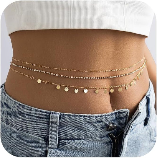 MODRSA Gold Chain Belt - Fashion Waist Chain Belt with Moon, Butterfly Rhinestone & Layered Design