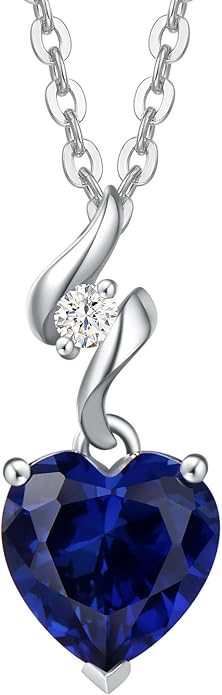 AGVANA 14K Solid White Gold Diamond Gemstone Pendant with Sterling Silver Chain 8mm Heart Birthstone Necklace Fine Jewelry Anniversary Birthday Gifts for Women Mom Wife