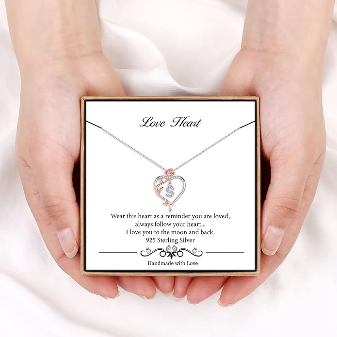 Iefil Rose Heart Necklaces Gifts for Women - 925 Sterling Silver Rose Heart Initial Necklace, Anniversary Birthday Gifts for Women, Jewelry Gift for Her Wife Girlfriend Mom Daughter