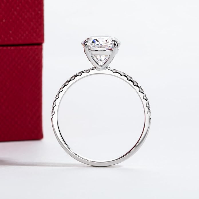 14K Solid Gold Side Stones Ring, Round/Princess Cut Centerpiece Moissanite Lab Grown Created Diamond, D Color and Flawless Real Gold Wedding Anniversary Ring