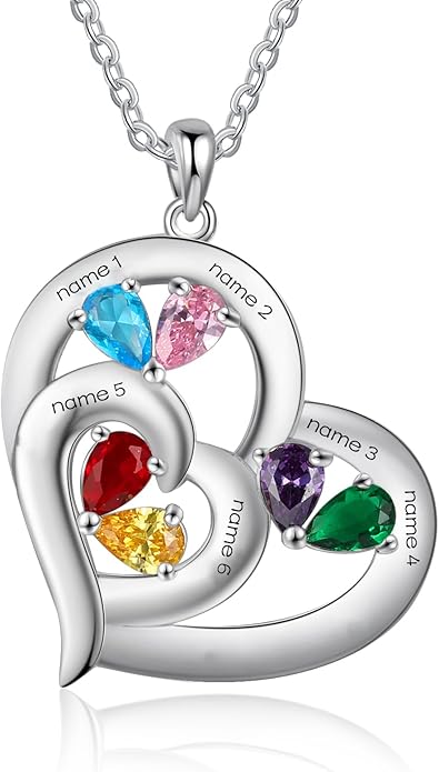 10K 14K 18K Gold Natural Diamond Personalized Mother Name Necklace with 1-6 Birthstones Sterling Silver Custom Heart Name Necklace for Women Mom Grandmother Wife Friend Gifts for Mother's Day