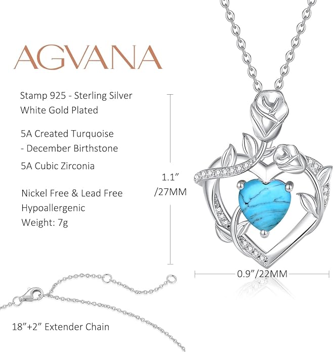 AGVANA Rose Birthstone Necklace for Women Sterling Silver Rose Flower Heart Necklace Fine Jewelry Anniversary Birthday Gifts for Women Wife Mom Her, Length: 18"+2"