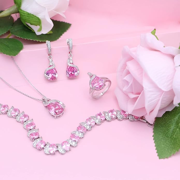 GZWHD Jewelry Set for Women Water Drop Cubic Zirconia Artificial Crystal Earrings Pendant Necklace Open Ring Tennis Bracelet Wedding Anniversary Birthday Engagement Gift for Bridesmaid Wife Girlfriend Friend