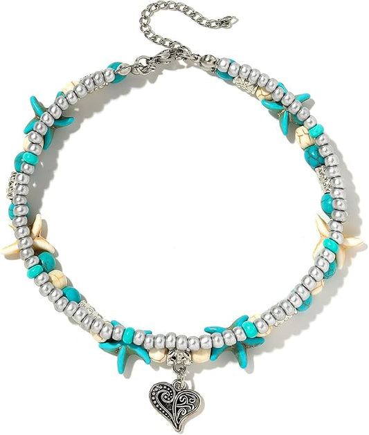 Starain Blue Turtle Anklets for Women Multilayer Beads Handmade Beach Ankle Bracelet Set Boho Foot Jewelry