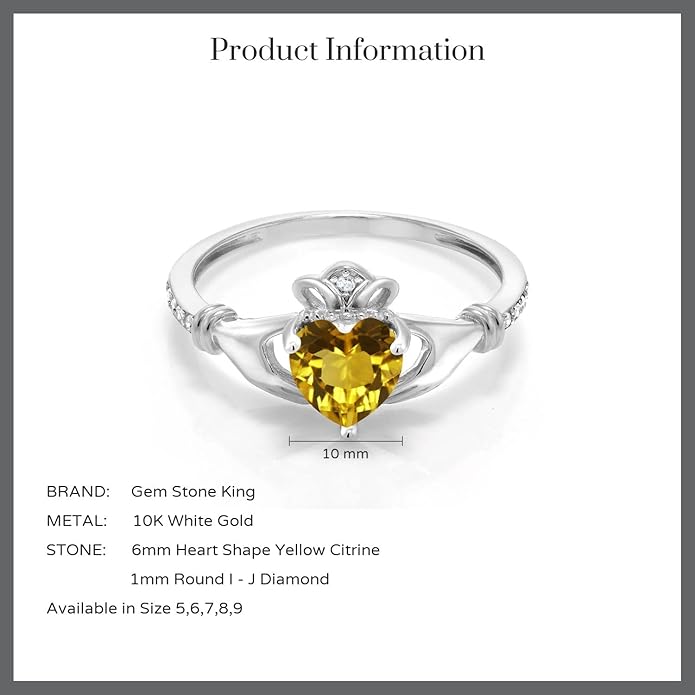 Gem Stone King 10K White Gold 6MM Heart Shape Gemstone Birthstone and White Diamond Irish Celtic Claddagh Engagement Ring | Gold Ring For Women | Available In Size 5, 6, 7, 8, 9