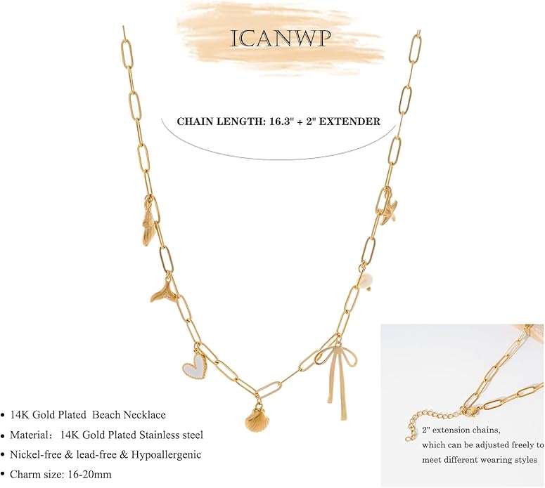 Charm Necklace for Women 14K Gold Plated Shell Cowgirl Boot Horseshoe Bow Heart Pendant Necklace Beach Western Jewelry