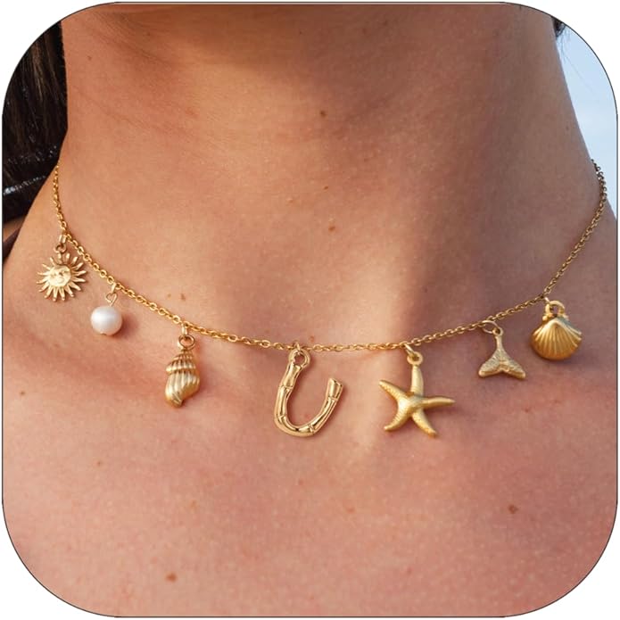 Initial Charm Necklace For Women Shell Letter Necklaces Gold Charms Pendant Boho Summer Seashell Beach 14k Starfish Surfer Jewelry Gifts