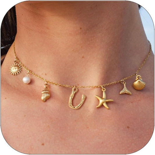 Initial Charm Necklace For Women Shell Letter Necklaces Gold Charms Pendant Boho Summer Seashell Beach 14k Starfish Surfer Jewelry Gifts
