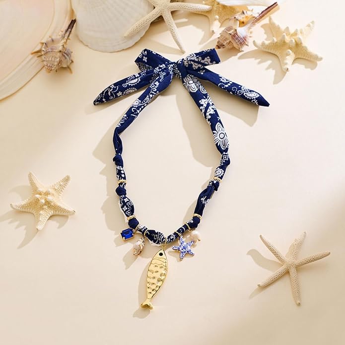 CLASSYZINT Gold Fish Necklace Blue Bead Necklace Boho Ocean Necklace Summer Jewelry for Women