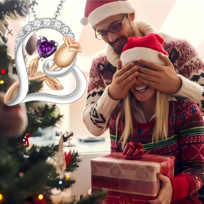 Rose Flower Heart Birthstone Necklaces for Women, 925 Sterling Silver Anniversary Jewelry, Pendant Heart Necklaces Birthday Anniversary Christmas Gift for Women Wife Mom Girlfriend Lady