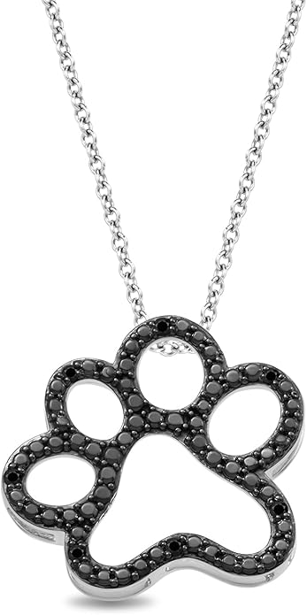 Jewelili Sterling Silver or Yellow Gold Plated Sterling Silver Dog Paw Pendant Necklace for Women | Treated Black or Natural White Round Diamonds | 18" Rolo Chain | Luxury Jewelry Gift for Her | Gift Box Included