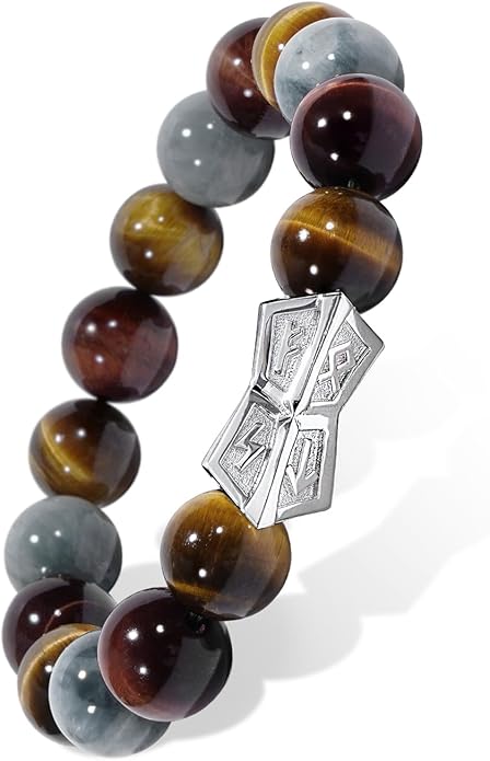 AWNL® Men's Beaded Bracelet with Sterling Silver Engraved Runes Charm 12mm Bronzite Dumortierite Obsidian Natural Gemstone Gift for Men, 6.1''-7.9''
